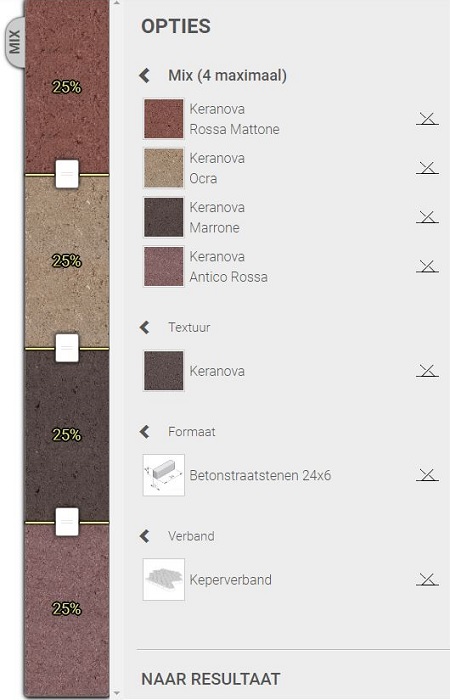 Selectiescherm met mixpercentages