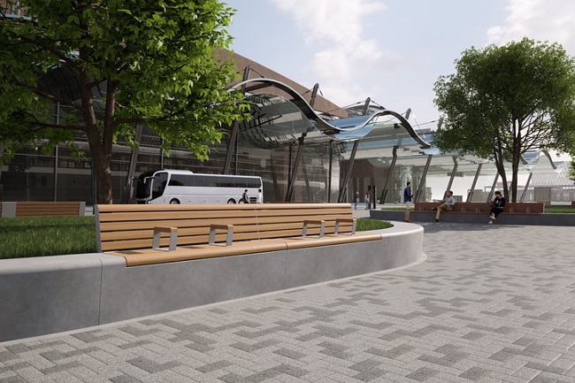 Seat met slanke rugleuning in stationsgebied